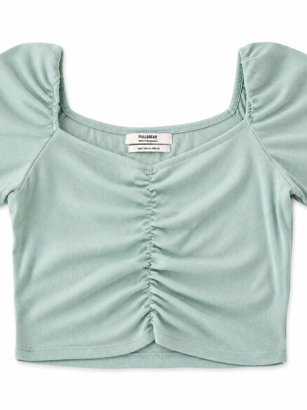 Pull&Bear Sage Ruched Square-Neck Crop Top